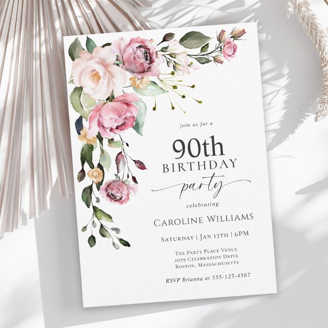 Invitación Fiesta de cumpleaños número 90 Boho Pink Watercolo (Subido por el creador)