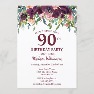 Invitación Fiesta de cumpleaños número 90 Burgundy Marsala Fl