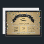 Invitación Fiesta de cumpleaños número 90 celebra Faux Jewel<br><div class="desc">¡Celebración de la fiesta de cumpleaños número 90!NOTA Se trata de una invitación impresa plana, no hay joyas, purpurinas o capas reales. PALETA DE COLOR: negro, dorado metalizado con el color rojo, violeta, verde azulado y blanco "confetti con joyas" RECOPILACIÓN DE DISEÑO: Celebra el cumpleaños de tu ser querido con...</div>