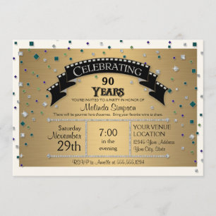 Invitación Fiesta de cumpleaños número 90 celebra Faux Jewel 