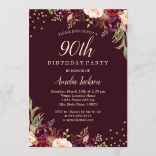 Invitación Fiesta de cumpleaños número 90 con destellos flora