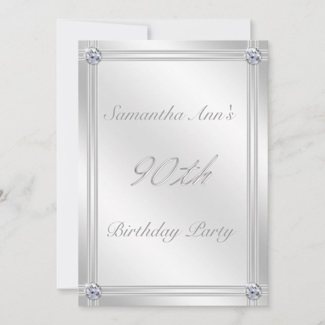 Invitación Fiesta de cumpleaños número 90 con efecto plata y  (Anverso)