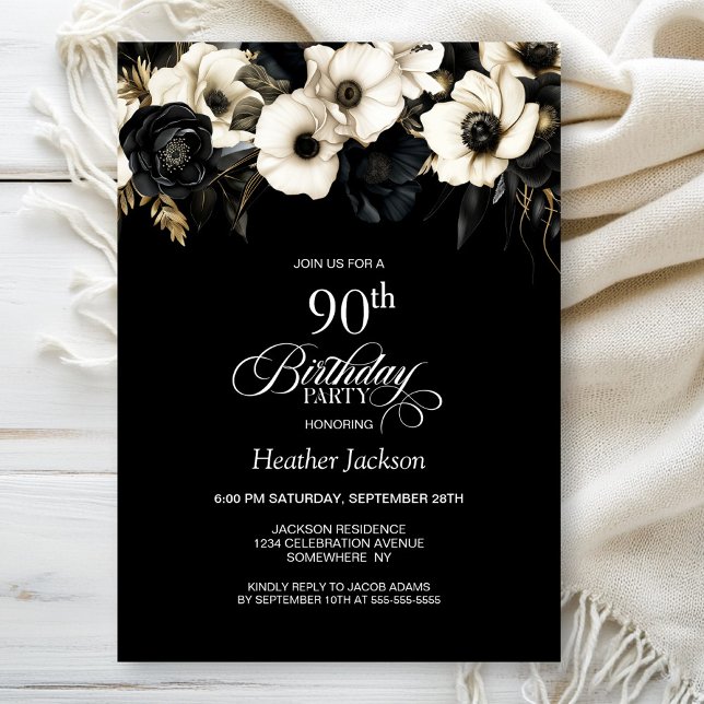 Invitación Fiesta de cumpleaños número 90 con flores elegante (Subido por el creador)