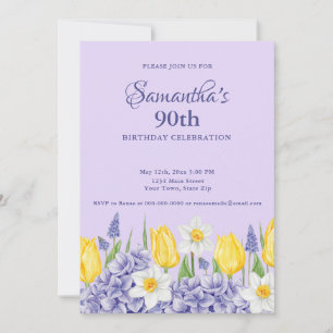 Invitación Fiesta de cumpleaños número 90 con flores púrpura