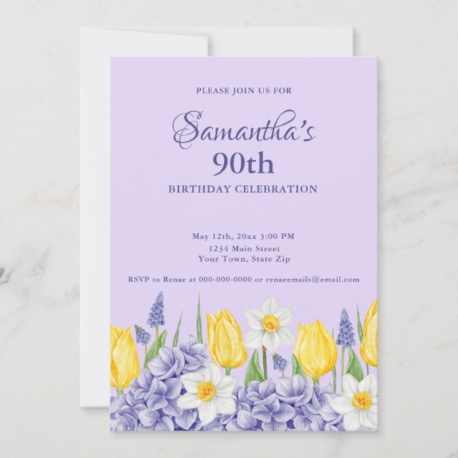 Invitación Fiesta de cumpleaños número 90 con flores púrpura  (Anverso)