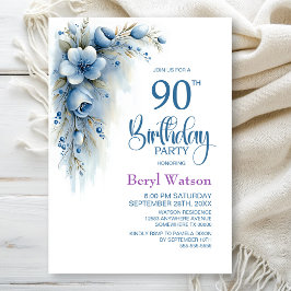 Invitación Fiesta de cumpleaños número 90 con tema floral azu