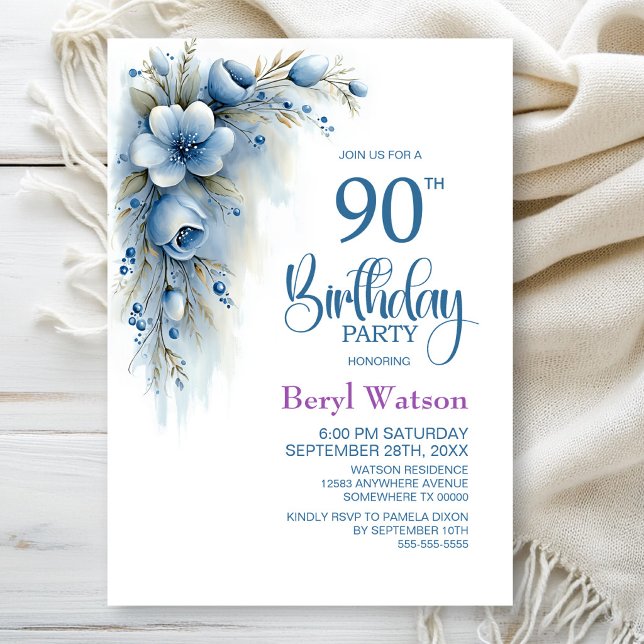 Invitación Fiesta de cumpleaños número 90 con tema floral azu (Subido por el creador)