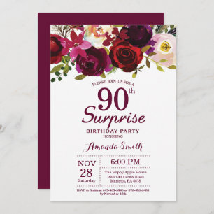 Invitación Fiesta de cumpleaños número 90 de Burgundy Surpris