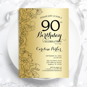 Invitación Fiesta de cumpleaños número 90 de Gold Floral
