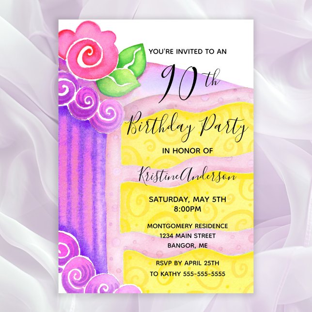 Invitación Fiesta de cumpleaños número 90 de la Floral de pas (90th Birthday Party Invitation with a piece of cake decorated with pink roses and frosting)