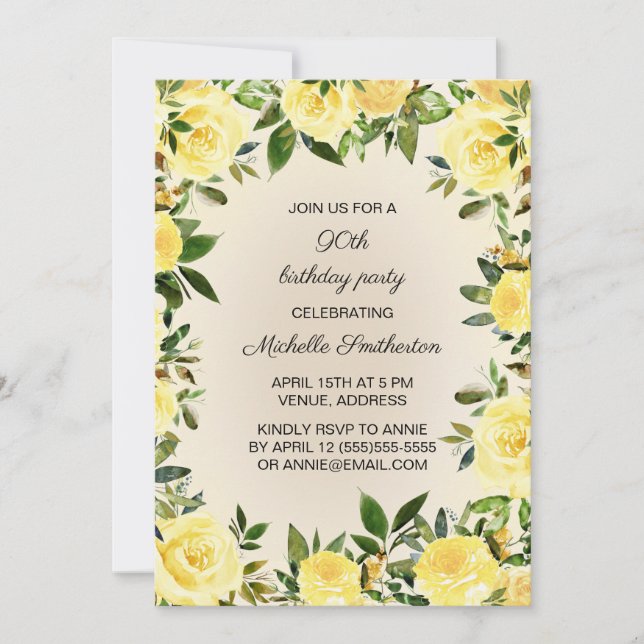 Invitación Fiesta de cumpleaños número 90 de mujer con flores (Anverso)