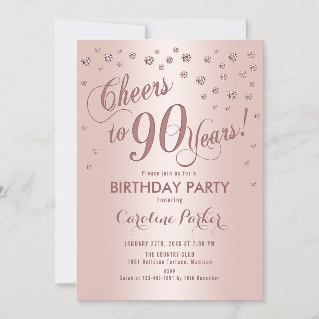 Invitación Fiesta de cumpleaños número 90 de oro Rosa (Anverso)
