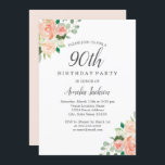 Invitación Fiesta de cumpleaños número 90 de Peach Rubor Wate<br><div class="desc">Más invitaciones de cumpleaños con flores en la tienda Little Bayleigh!</div>