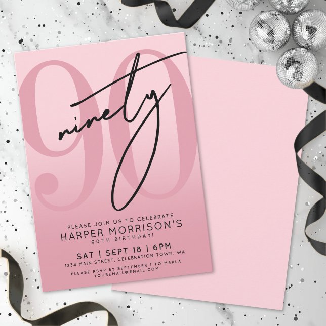 Invitación Fiesta de cumpleaños número 90 de Pink (Pink 90th Birthday Party Invitation)