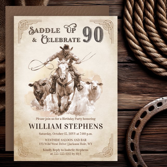 Invitación Fiesta de cumpleaños número 90 de vaquero occident (Vintage western cowboy 90th birthday invitation with rustic rodeo artwork)