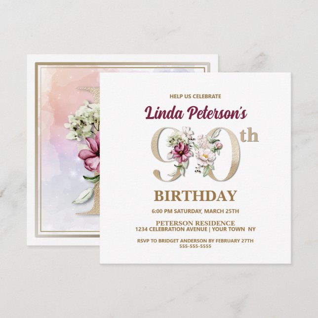 Invitación Fiesta de cumpleaños número 90 del Rosa Floral L (Anverso / Reverso)