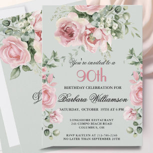 Invitación *Fiesta de cumpleaños número 90 Elegantes Rosas Pi