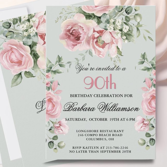 Invitación *Fiesta de cumpleaños número 90 Elegantes Rosas Pi (Subido por el creador)