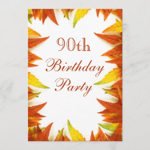 Invitación Fiesta de cumpleaños número 90, hojas de otoño y o