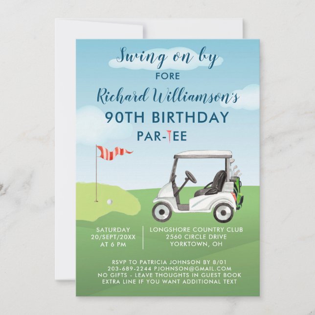 Invitación Fiesta de cumpleaños número 90 tema de golf mascul (Anverso)