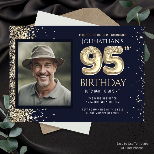 Invitación Fiesta de cumpleaños número 95 con brillo dorado F (Subido por el creador)