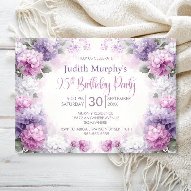 Invitación Fiesta de cumpleaños número 95 con flores rosadas  (Subido por el creador)