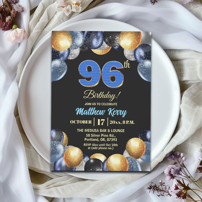 Invitación Fiesta de cumpleaños número 96 Elegante Azul Plata (Subido por el creador)