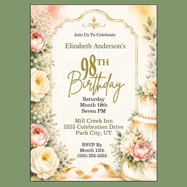 Invitación Fiesta de cumpleaños número 98 de hermosa peonía (Beautiful Peony Flower 98th Birthday Invitation For Women.)