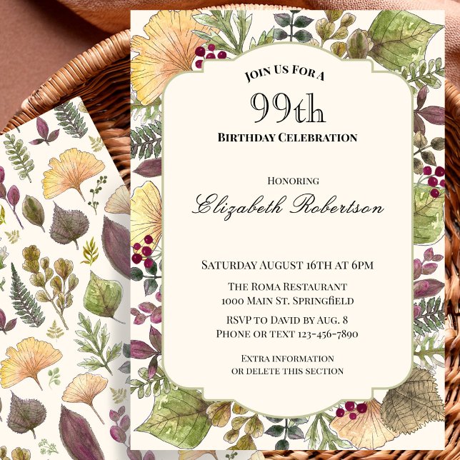 Invitación Fiesta de cumpleaños número 99 con hojas de otoño  (Subido por el creador)