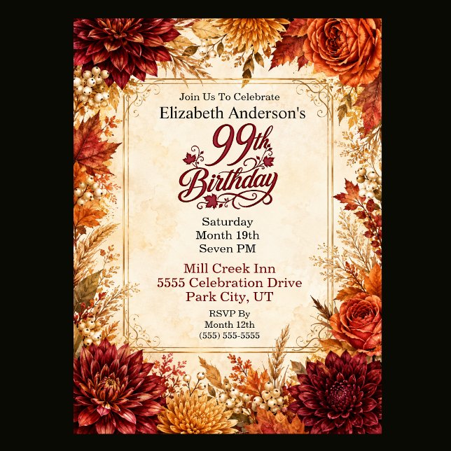 Invitación Fiesta de cumpleaños número 99 de lujo de otoño (Luxury Fall 99th Birthday Invitation For Women.)