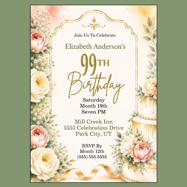Invitación Fiesta de cumpleaños número 99 de Peonía Hermosa (Beautiful Peony Flower 99th Birthday Invitation For Women.)