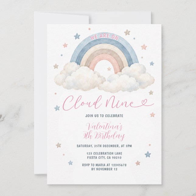 Invitación Fiesta de cumpleaños número 9 Boho Cloud Nine Past (Anverso)