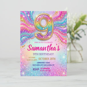 Invitación Fiesta de cumpleaños número 9 con destellos de arc