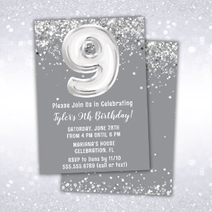 Invitación Fiesta de cumpleaños número 9 de Gray Silver