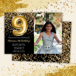Invitación Fiesta de cumpleaños número 9 de niña en negro oro