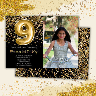 Invitación Fiesta de cumpleaños número 9 de niña en negro oro