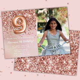 Invitación Fiesta de cumpleaños número 9 de niña en rosa oro