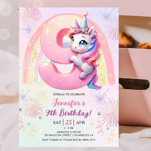 Invitación Fiesta de cumpleaños número 9 de niñas unicornio m