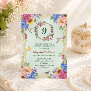 Invitación Fiesta de cumpleaños número 9 de Royal Gold Floral