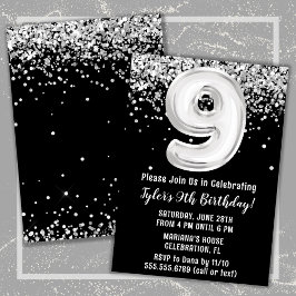 Invitación Fiesta de cumpleaños número 9 en blanco y negro
