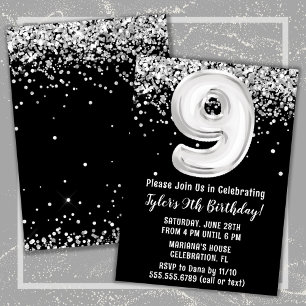Invitación Fiesta de cumpleaños número 9 en blanco y negro
