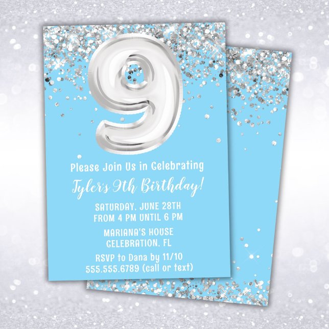 Invitación Fiesta de cumpleaños número 9 Light Blue Silver (Subido por el creador)