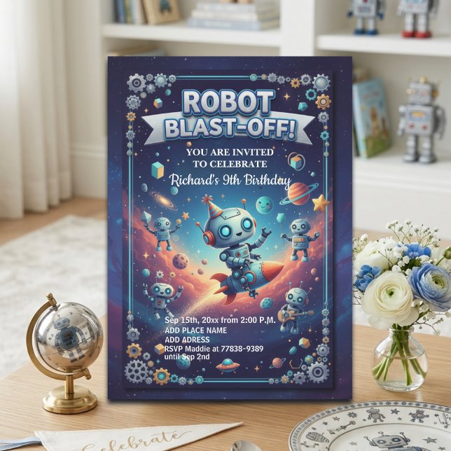Invitación Fiesta de cumpleaños número 9 Robots en el Espacio (Subido por el creador)