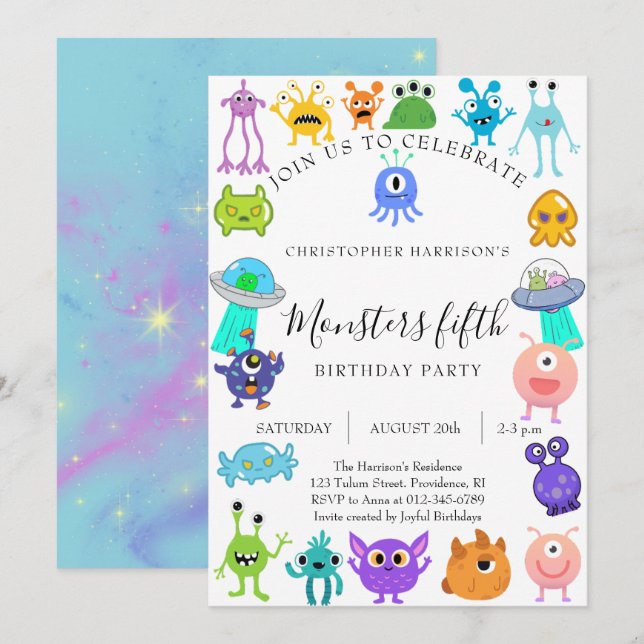 Invitación Fiesta de cumpleaños número cinco de Monstruo (Anverso / Reverso)