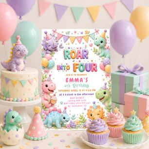 Invitación Fiesta de cumpleaños número cuatro de niña dinosau