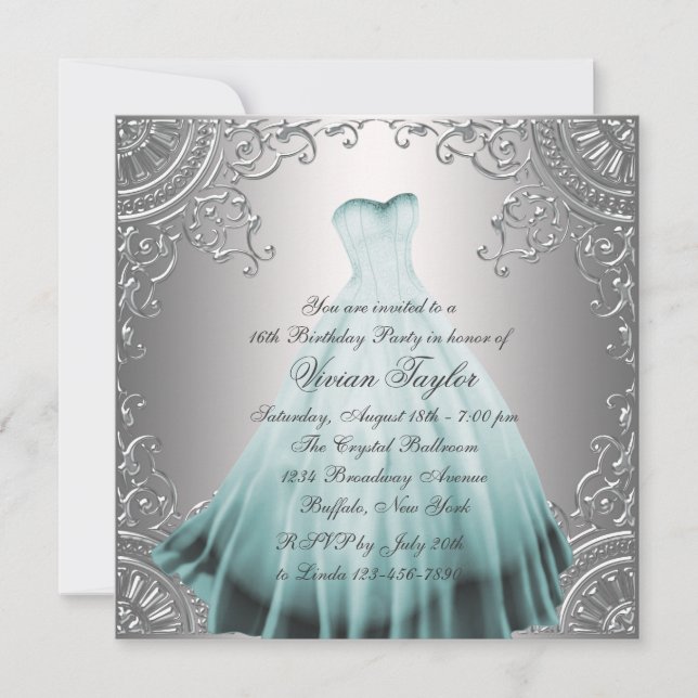 Invitación Fiesta de cumpleaños número dieciséis azul turques (Anverso)