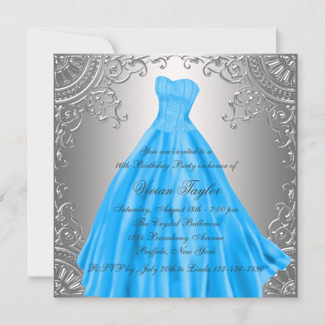 Invitación Fiesta de cumpleaños número dieciséis azul turques (Anverso)