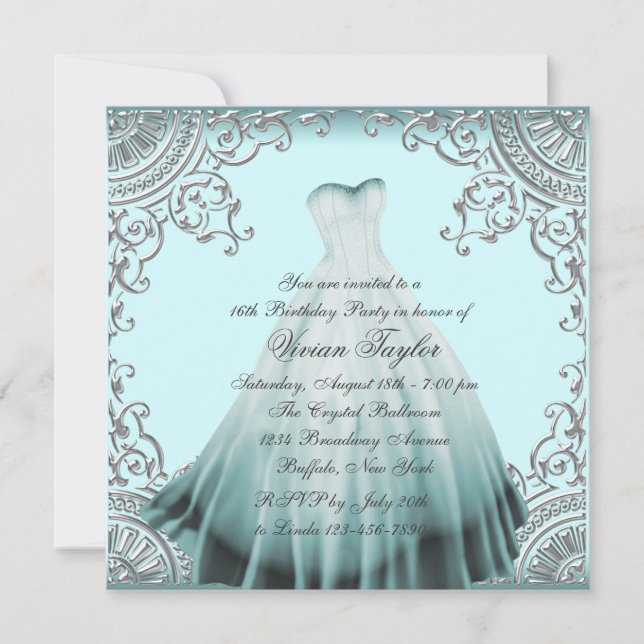 Invitación Fiesta de cumpleaños número dieciséis azul turques (Anverso)