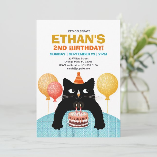 Invitación fiesta de cumpleaños número DOS con gato con tarta (Anverso de pie)