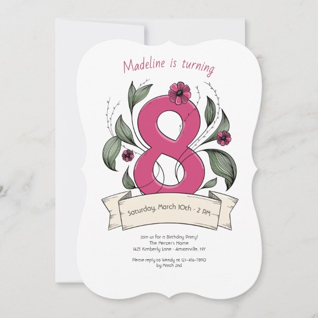 Invitación Fiesta de cumpleaños número rosado 8 (Anverso)